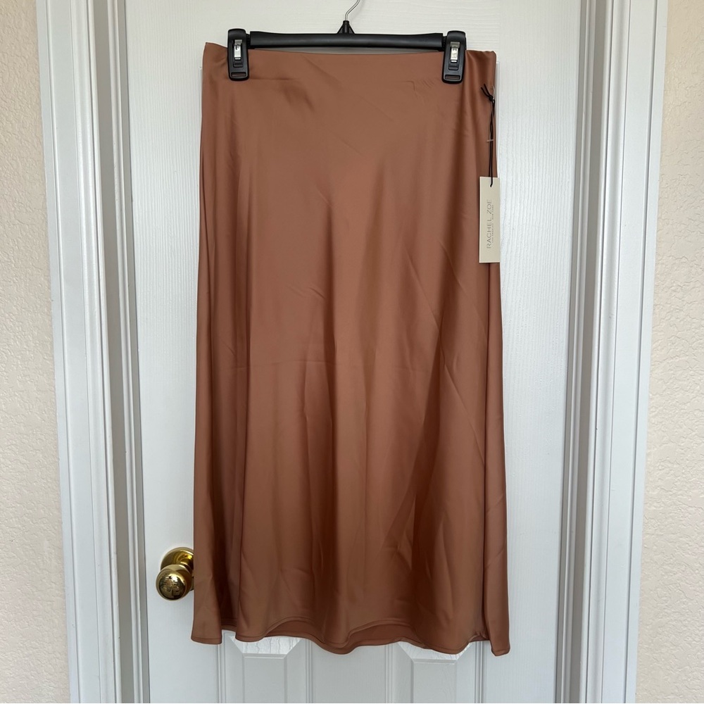 Women's Rachel Zoe Nude Beige Tan Satin Polyester Pull On Midi Skirt Size 4